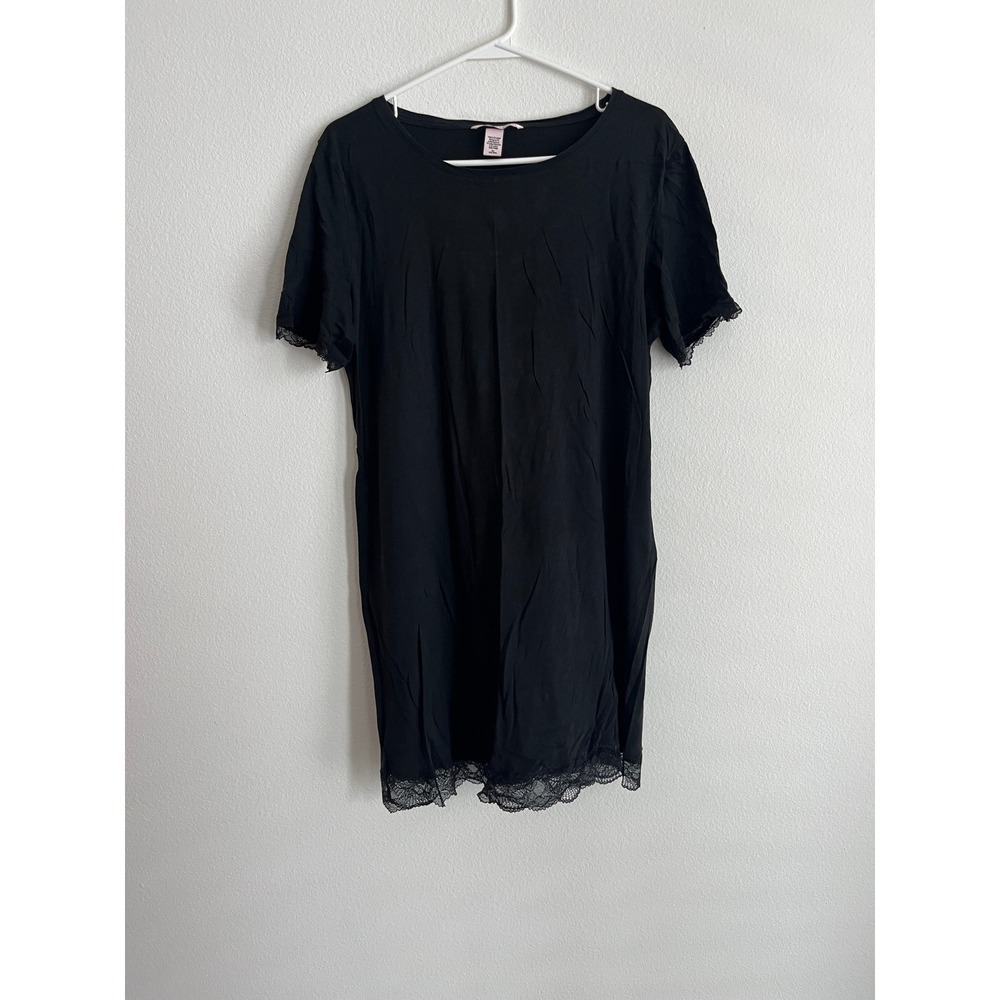 Victorias Secret Black Lace Trim Short Sleeve Nightgown Sleep Dress Medium